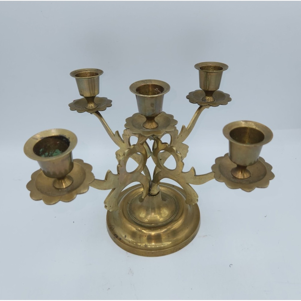 Vintage Solid Brass 5-Arm Candelabra Ornate Hand Crafted India Ornate Decorative